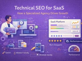 Illustration showing technical SEO for SaaS, with an SEO specialist analyzing website performance, speed, mobile optimization, structured data, and growth metrics on a purple background.