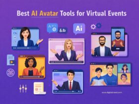 Infographic showing AI avatar presenters hosting virtual events across multiple screens, highlighting tools for webinars, conferences, and online presentations.