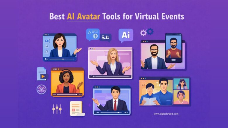 Infographic showing AI avatar presenters hosting virtual events across multiple screens, highlighting tools for webinars, conferences, and online presentations.