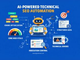 Infographic illustrating AI-powered technical SEO automation with a robot analyzing website data, crawl optimization, structured data, Core Web Vitals, indexation control, and error detection.