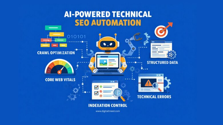 Infographic illustrating AI-powered technical SEO automation with a robot analyzing website data, crawl optimization, structured data, Core Web Vitals, indexation control, and error detection.