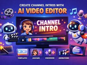 Infographic showing AI video editor creating a channel intro with templates, avatars, voiceover, animations, and branding tools for content creators.