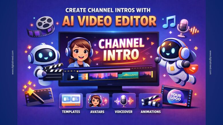 Infographic showing AI video editor creating a channel intro with templates, avatars, voiceover, animations, and branding tools for content creators.