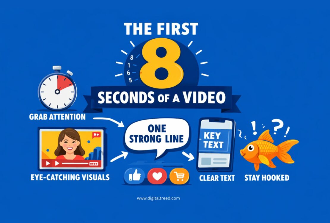 Infographic showing the importance of the first 8 seconds of a video with visuals, a stopwatch, smartphone text, and engagement icons to capture audience attention quickly.