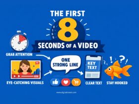 Infographic showing the importance of the first 8 seconds of a video with visuals, a stopwatch, smartphone text, and engagement icons to capture audience attention quickly.