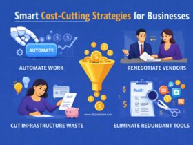 Infographic showing business cost-cutting strategies with icons for automation, vendor negotiation, remote work, and energy savings to improve efficiency and profitability.