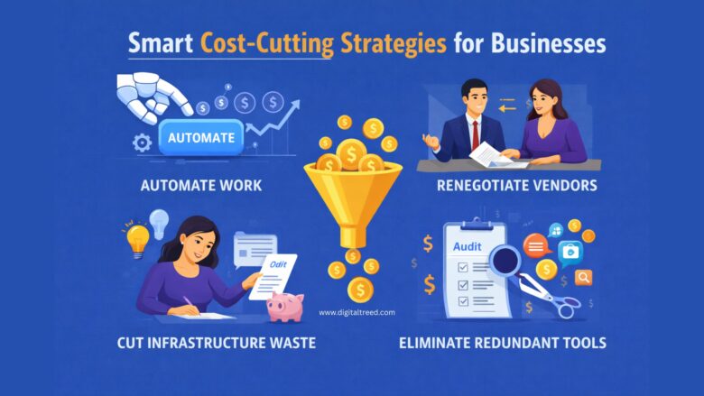 Infographic showing business cost-cutting strategies with icons for automation, vendor negotiation, remote work, and energy savings to improve efficiency and profitability.