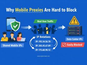 Infographic explaining why mobile proxies are difficult to block, showing shared mobile IPs, rotating IP addresses, real user traffic, and easily blocked datacenter IPs.