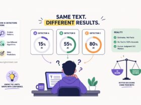 Infographic explaining why AI detectors give different results, showing the same text analyzed by multiple AI detection tools with different AI content scores.