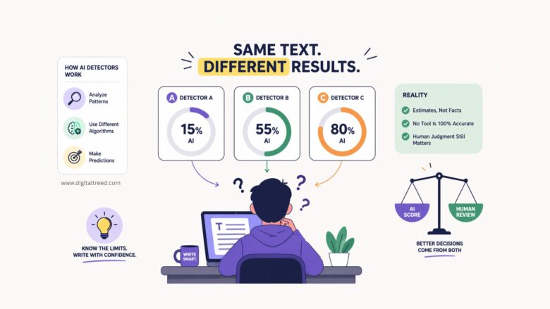 Infographic explaining why AI detectors give different results, showing the same text analyzed by multiple AI detection tools with different AI content scores.