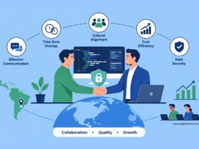 Infographic showing nearshore software development collaboration with Latin America teams, highlighting communication, time zone overlap, cost efficiency, and data security benefits.