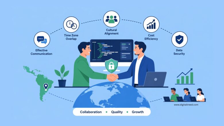 Infographic showing nearshore software development collaboration with Latin America teams, highlighting communication, time zone overlap, cost efficiency, and data security benefits.
