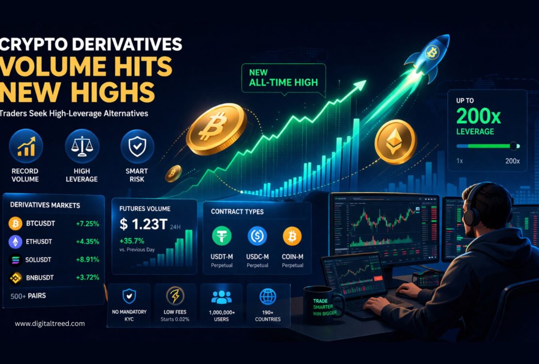 Infographic showing crypto derivatives trading growth with Bitcoin chart, futures contracts, 200x leverage, trading dashboard, and a trader analyzing markets.