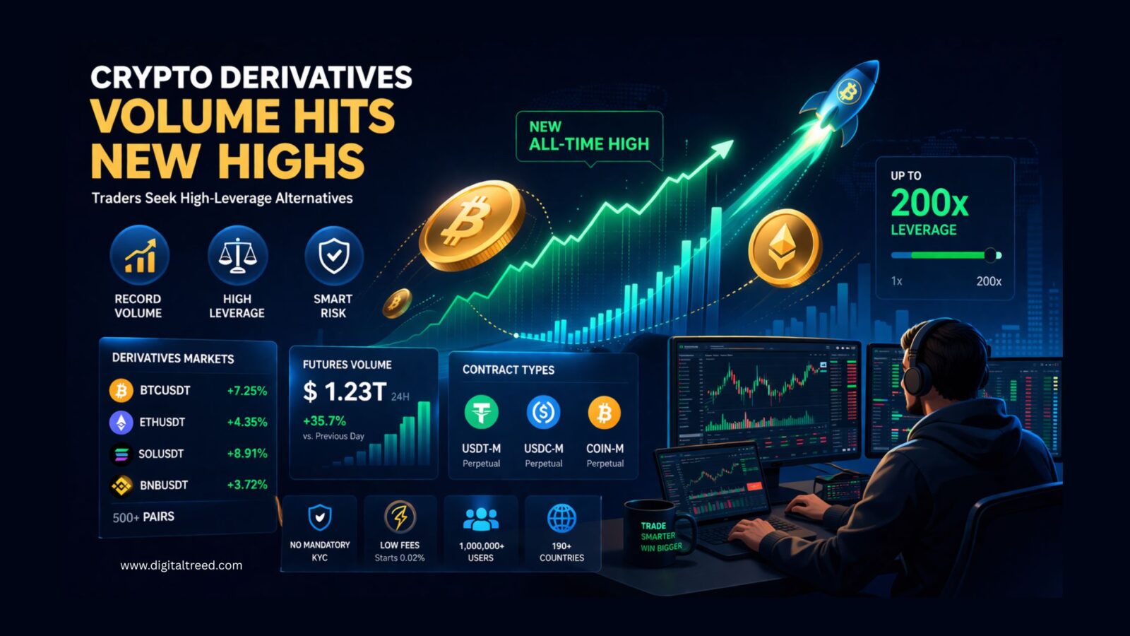 Infographic showing crypto derivatives trading growth with Bitcoin chart, futures contracts, 200x leverage, trading dashboard, and a trader analyzing markets.