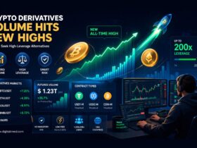 Infographic showing crypto derivatives trading growth with Bitcoin chart, futures contracts, 200x leverage, trading dashboard, and a trader analyzing markets.