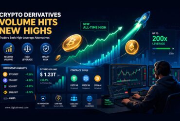 Infographic showing crypto derivatives trading growth with Bitcoin chart, futures contracts, 200x leverage, trading dashboard, and a trader analyzing markets.