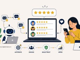 Infographic showing automated customer review collection with a robot sending review requests via email and SMS, customers submitting ratings, and a dashboard displaying feedback.