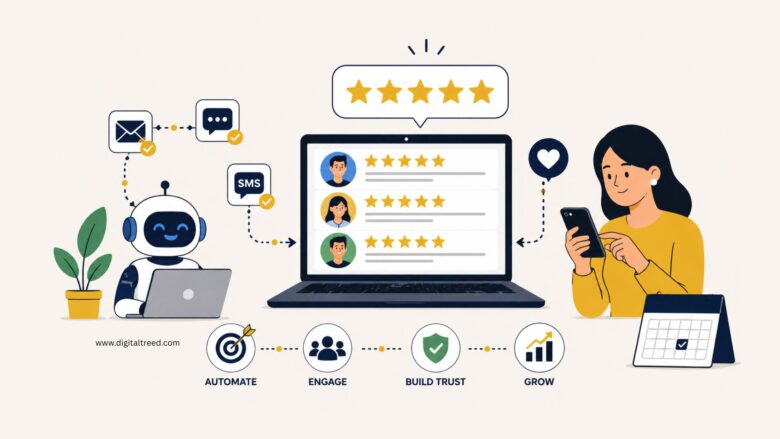 Infographic showing automated customer review collection with a robot sending review requests via email and SMS, customers submitting ratings, and a dashboard displaying feedback.