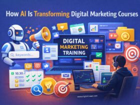 Infographic showing how AI is transforming digital marketing courses with AI tools, keyword research, campaign analytics, and students learning digital marketing skills online.