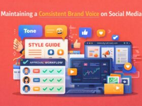 Infographic showing brand voice consistency on social media with a style guide, approval workflow, content scheduling dashboard, and social media management tools.