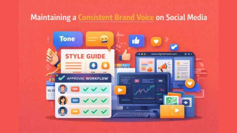 Infographic showing brand voice consistency on social media with a style guide, approval workflow, content scheduling dashboard, and social media management tools.