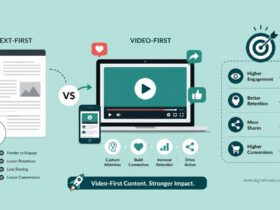 Infographic comparing text-first and video-first content strategies, showing higher engagement, retention, shares, and conversions with video-based marketing.