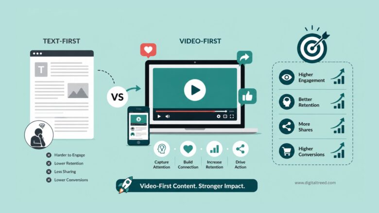 Infographic comparing text-first and video-first content strategies, showing higher engagement, retention, shares, and conversions with video-based marketing.