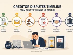 Infographic showing creditor dispute timeline from financial pressure to court decision, including demand notices, legal action, petition, negotiation, and liquidation risk stages.
