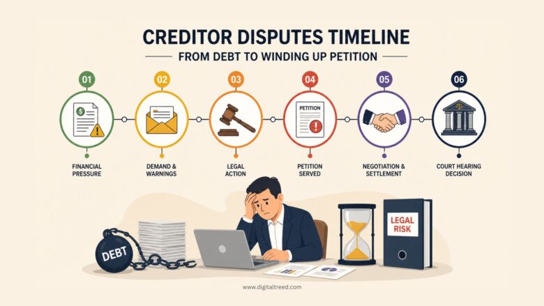 Infographic showing creditor dispute timeline from financial pressure to court decision, including demand notices, legal action, petition, negotiation, and liquidation risk stages.