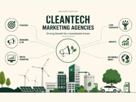 Infographic featuring climate tech marketing strategies with renewable energy visuals, sustainability icons, digital analytics, PR growth charts, and clean technology branding elements.