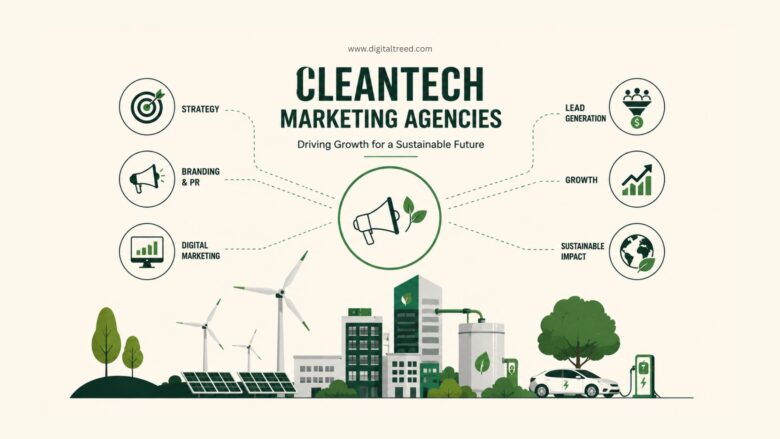 Infographic featuring climate tech marketing strategies with renewable energy visuals, sustainability icons, digital analytics, PR growth charts, and clean technology branding elements.