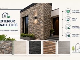 Modern home exterior featuring stylish stone-inspired wall tiles with infographic icons highlighting durability, weather resistance, easy maintenance, and contemporary tile designs.