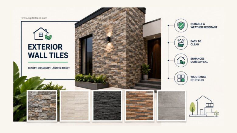 Modern home exterior featuring stylish stone-inspired wall tiles with infographic icons highlighting durability, weather resistance, easy maintenance, and contemporary tile designs.