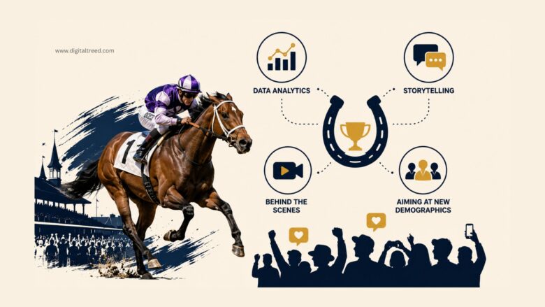 Infographic showing horse racing marketing strategies with a racehorse, digital analytics icons, storytelling, behind-the-scenes content, and social media audience engagement.