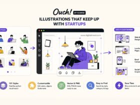 Infographic showing how startups use Ouch by Icons8 illustration libraries for UX design, landing pages, app interfaces, email campaigns, and social media graphics.