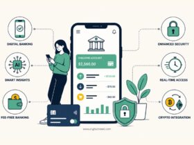 Infographic illustrating fintech innovations in checking accounts, featuring digital banking apps, AI-powered insights, real-time transactions, enhanced security, and cryptocurrency integration.