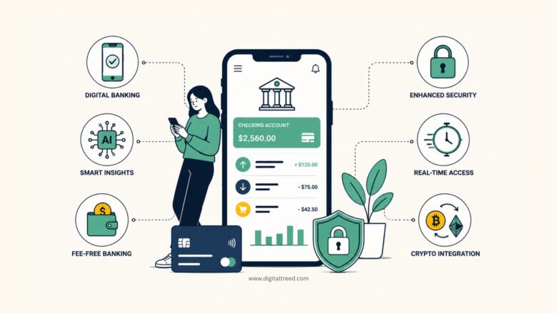 Infographic illustrating fintech innovations in checking accounts, featuring digital banking apps, AI-powered insights, real-time transactions, enhanced security, and cryptocurrency integration.
