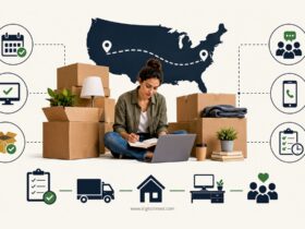 Infographic showing a woman working remotely while moving to a new state, surrounded by packing boxes, productivity tools, communication icons, and relocation planning elements.