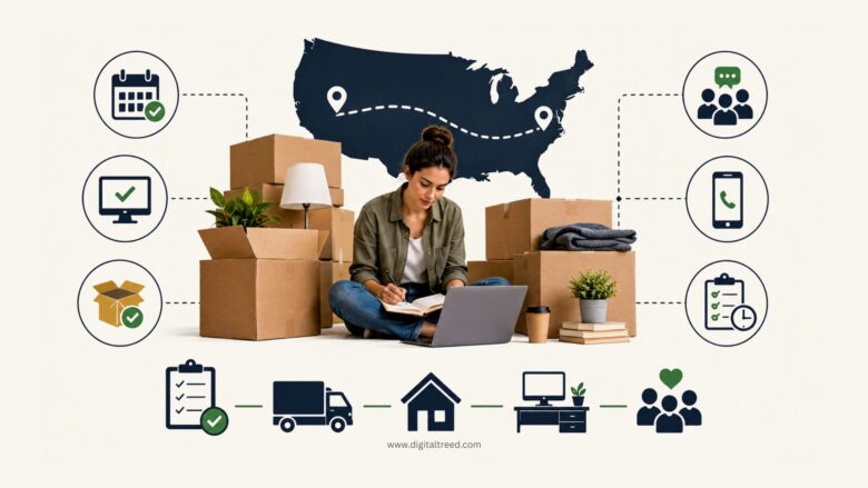 Infographic showing a woman working remotely while moving to a new state, surrounded by packing boxes, productivity tools, communication icons, and relocation planning elements.