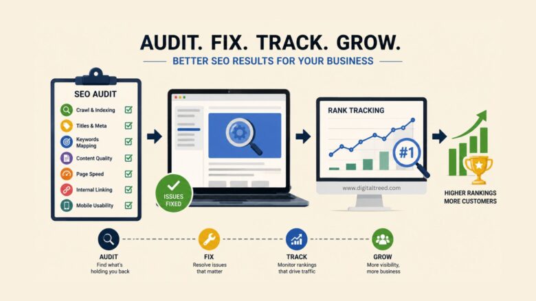 Infographic illustrating the SEO process for small businesses, including website audit, fixing technical SEO issues, rank tracking, and improving Google search rankings.