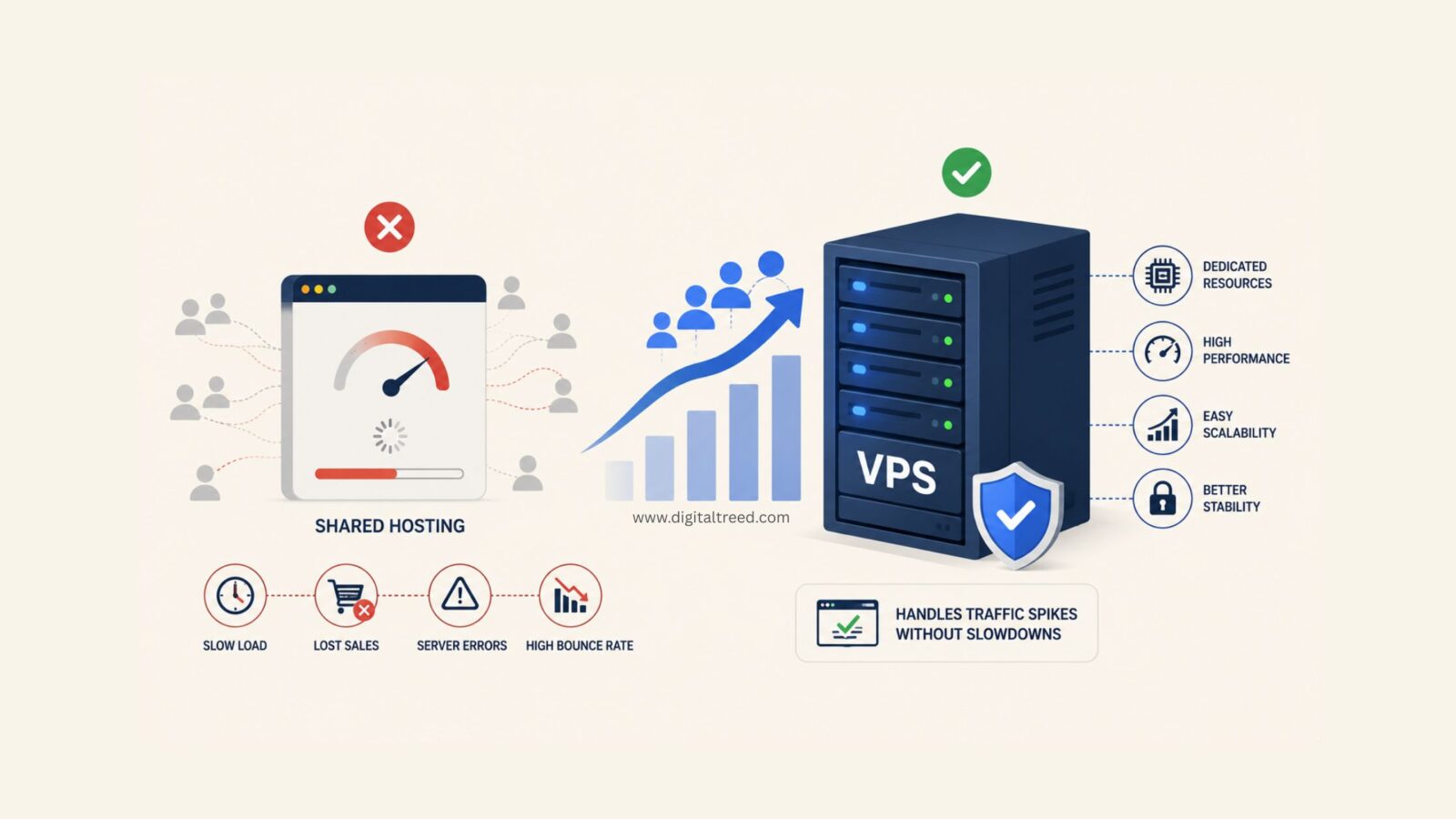 Infographic comparing shared hosting and VPS hosting, showing how VPS servers handle traffic spikes with dedicated resources, faster performance, scalability, security, and stable website uptime.