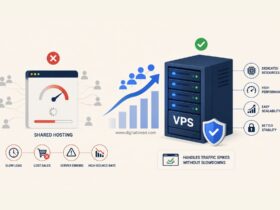 Infographic comparing shared hosting and VPS hosting, showing how VPS servers handle traffic spikes with dedicated resources, faster performance, scalability, security, and stable website uptime.