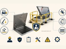 Industrial safety infographic featuring floor access covers and roof hatches with guardrails, load rating symbols, lift-assist mechanisms, slip-resistant surfaces, inspection checklists, and fall protection safety icons.