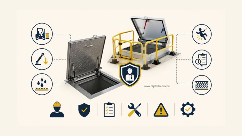 Industrial safety infographic featuring floor access covers and roof hatches with guardrails, load rating symbols, lift-assist mechanisms, slip-resistant surfaces, inspection checklists, and fall protection safety icons.