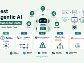 Infographic highlighting the best Agentic AI courses for 2026, featuring AI agent workflows, RAG and memory systems, orchestration tools, multi-agent collaboration, governance, deployment strategies, and hands-on training programs from leading educational providers.