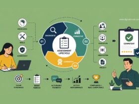 Infographic illustrating the assessment lifecycle in competency-based training, featuring diagnostic, formative, and summative assessments, authentic evaluation methods, feedback loops, performance tracking, compliance requirements, rubrics, and workforce competency development.