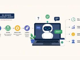 Business chatbot implementation infographic showing a step-by-step launch process from planning and design to testing and deployment, featuring AI-powered customer support, lead generation, 24/7 assistance, human handoff, and customer satisfaction metrics.