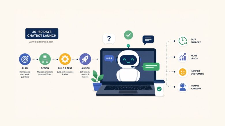 Business chatbot implementation infographic showing a step-by-step launch process from planning and design to testing and deployment, featuring AI-powered customer support, lead generation, 24/7 assistance, human handoff, and customer satisfaction metrics.