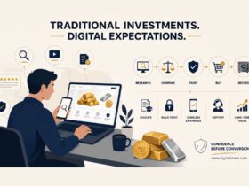Infographic illustrating the digital transformation of traditional investment products, featuring online research, comparison tools, educational content, trust-building signals, secure transactions, digital asset management, customer support, and modern investor decision-making journeys.