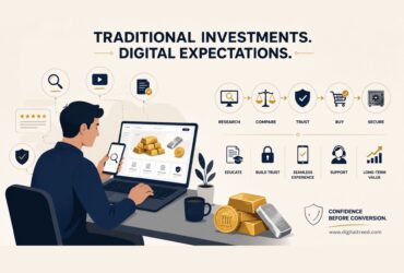 Infographic illustrating the digital transformation of traditional investment products, featuring online research, comparison tools, educational content, trust-building signals, secure transactions, digital asset management, customer support, and modern investor decision-making journeys.
